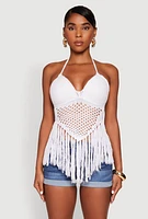 Womens Tie Back Crochet Fringe Halter Top, M