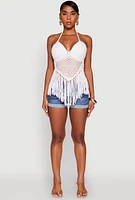 Womens Tie Back Crochet Fringe Halter Top, M