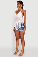 Womens Tie Back Crochet Fringe Halter Top, M
