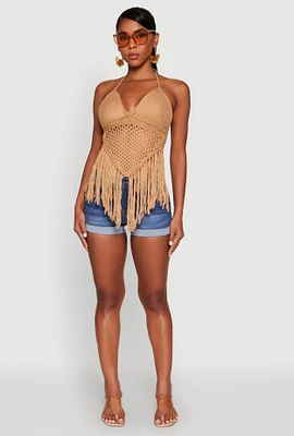 Womens Tie Back Crochet Fringe Halter Top,