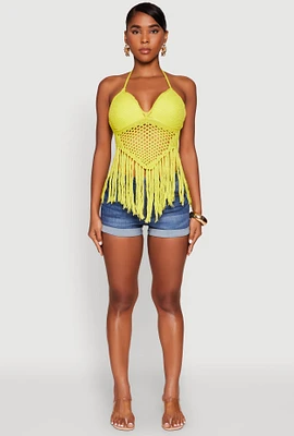 Womens Tie Back Crochet Fringe Halter Top, Yellow,