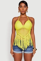 Womens Tie Back Crochet Fringe Halter Top, Yellow,