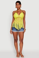 Womens Tie Back Crochet Fringe Halter Top, Yellow,
