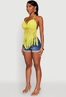 Womens Tie Back Crochet Fringe Halter Top, Yellow,