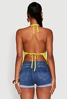 Womens Tie Back Crochet Fringe Halter Top, Yellow,