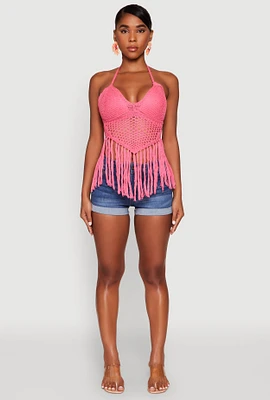 Womens Tie Back Crochet Fringe Halter Top,