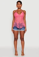 Womens Tie Back Crochet Fringe Halter Top,