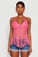 Womens Tie Back Crochet Fringe Halter Top,