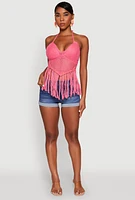 Womens Tie Back Crochet Fringe Halter Top,