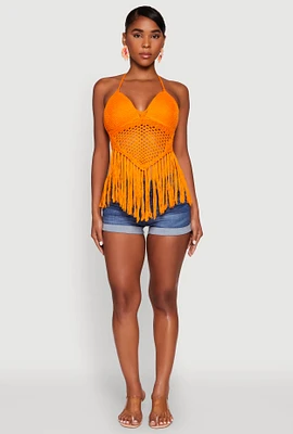 Womens Tie Back Crochet Fringe Halter Top, Orange, Size M