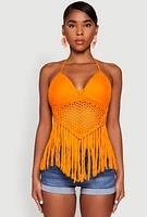 Womens Tie Back Crochet Fringe Halter Top, Orange, Size M