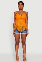 Womens Tie Back Crochet Fringe Halter Top, Orange, Size M