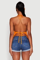 Womens Tie Back Crochet Fringe Halter Top, Orange, Size M