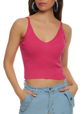 Womens Ribbed Knit V Neck Cami, Pink, Size L