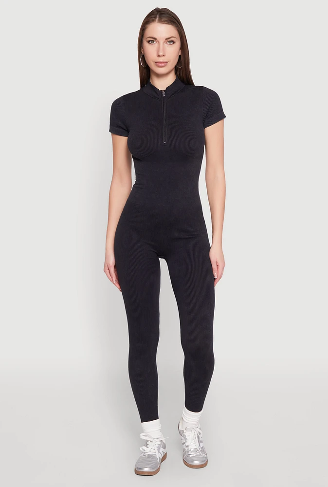 Womens Seamless Half Zip Catsuit, Black, Size S-M