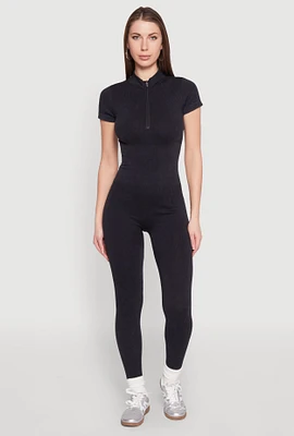 Womens Seamless Half Zip Catsuit, Black, Size S-M