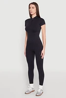 Womens Seamless Half Zip Catsuit, Black, Size S-M