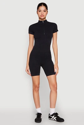 Womens Seamless Half Zip Romper, Black, Size S-M