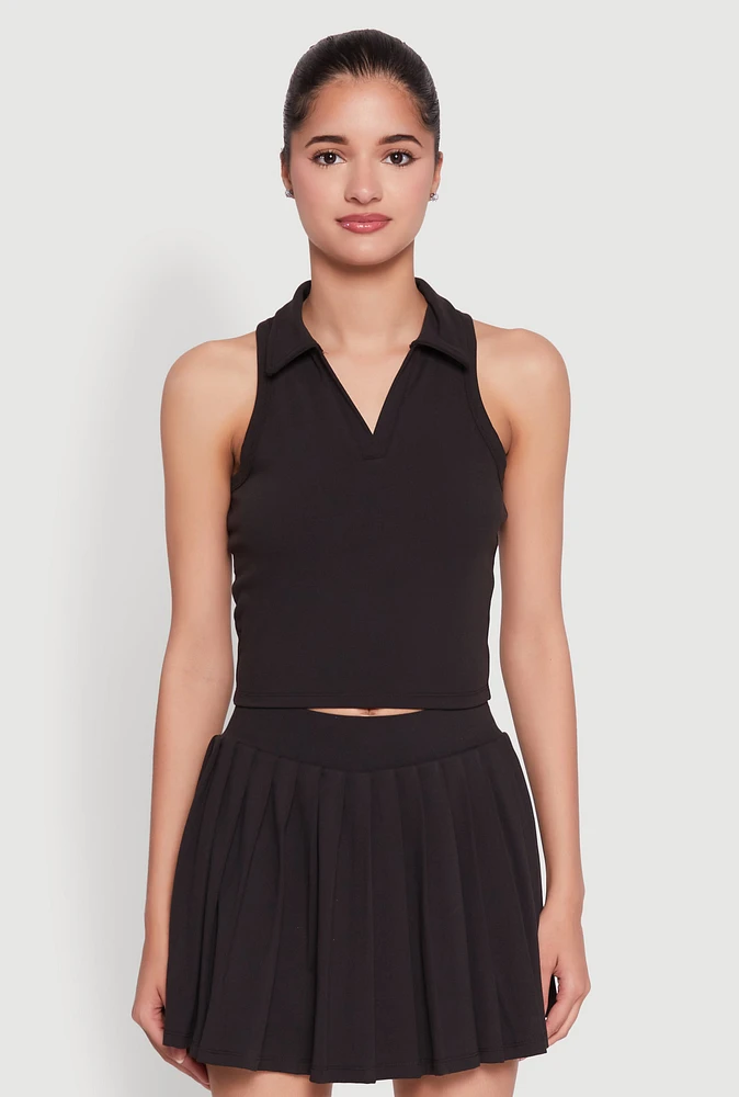 Womens Sleeveless Polo Collar Crop Top,