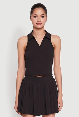 Womens Sleeveless Polo Collar Crop Top,