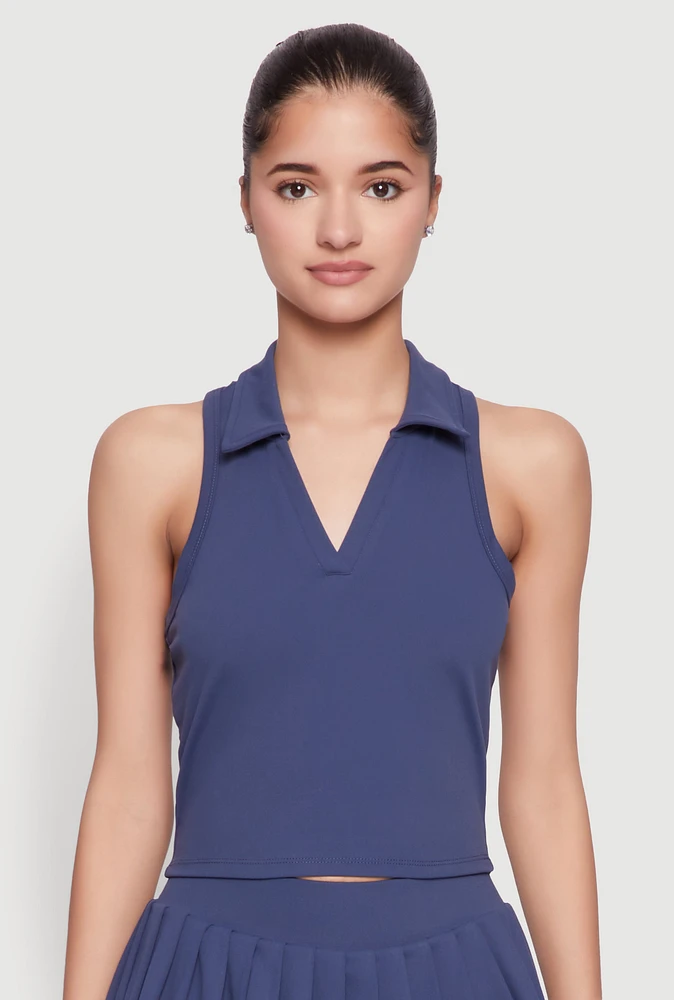Womens Sleeveless Polo Collar Crop Top, Blue, Size XL