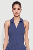 Womens Sleeveless Polo Collar Crop Top, Blue, Size XL