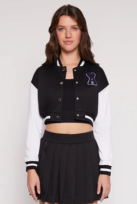 Womens Chenille A Initial Cropped Varsity Jacket,