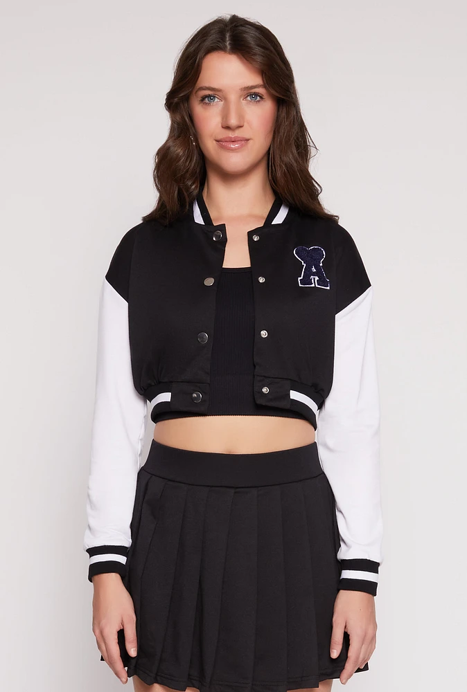 Womens Chenille A Initial Cropped Varsity Jacket,