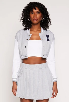 Womens Chenille A Initial Cropped Varsity Jacket, Grey,