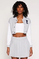 Womens Chenille A Initial Cropped Varsity Jacket, Grey,