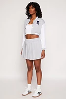 Womens Chenille A Initial Cropped Varsity Jacket, Grey,
