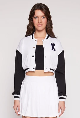 Womens Chenille A Initial Cropped Varsity Jacket, White, Size S