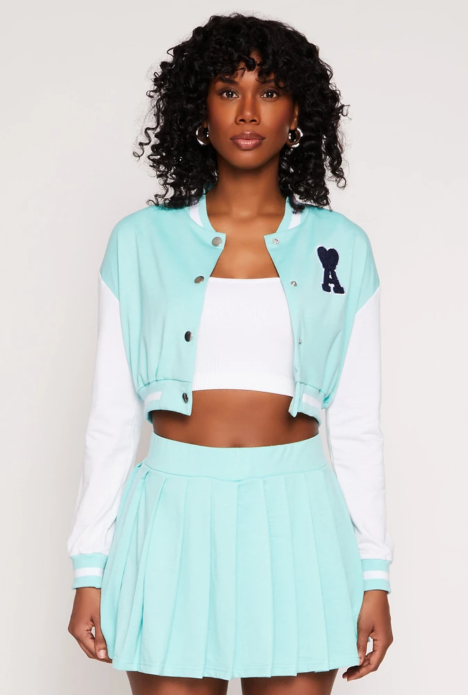 Womens Chenille A Initial Cropped Varsity Jacket,