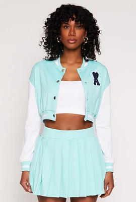 Womens Chenille A Initial Cropped Varsity Jacket,