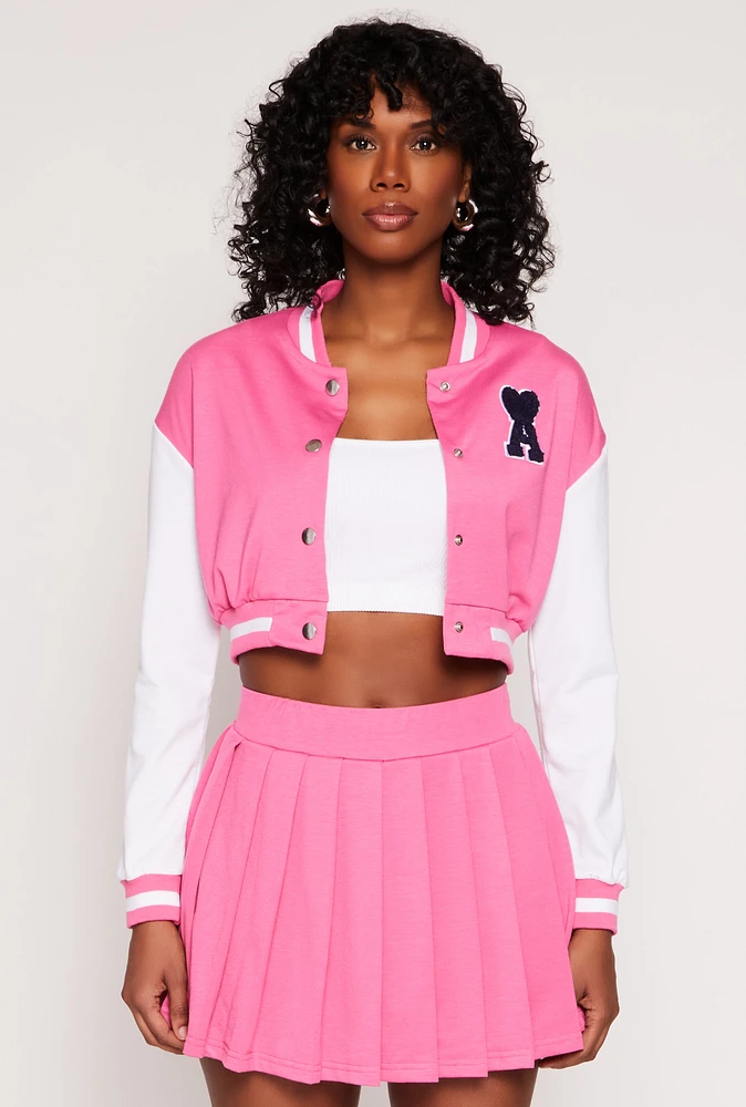 Womens Chenille A Initial Cropped Varsity Jacket, Pink,