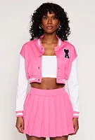 Womens Chenille A Initial Cropped Varsity Jacket, Pink,