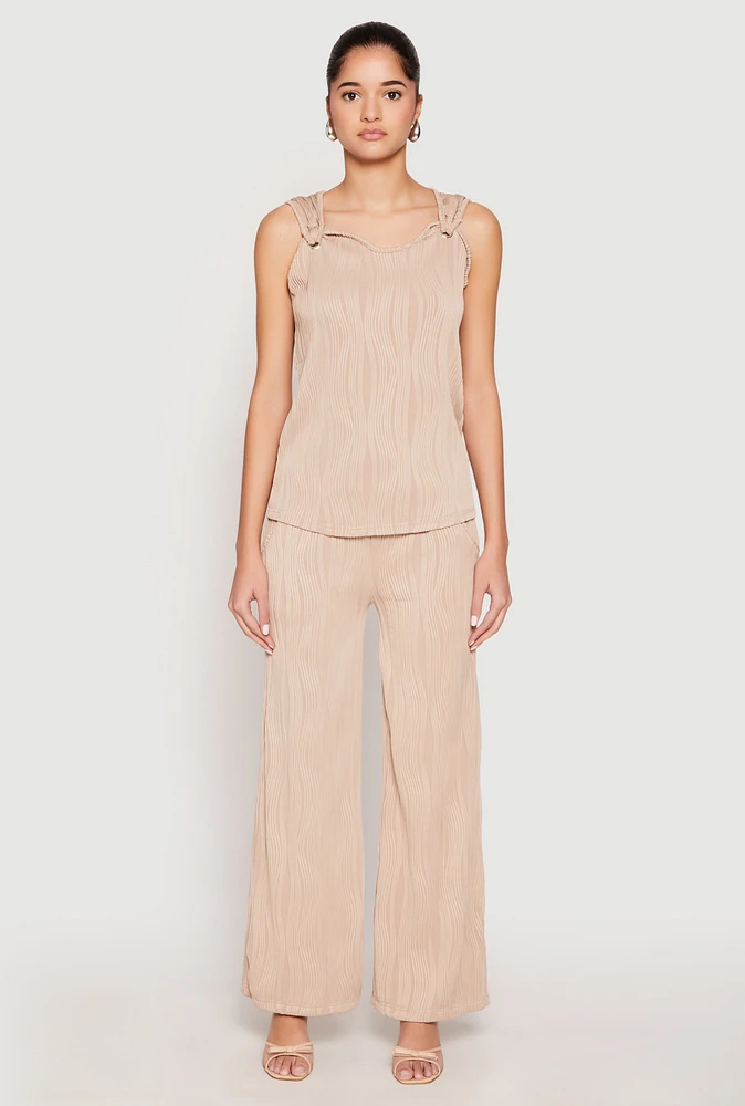 Womens Textured Knit Pull On Wide Leg Pants, Khaki,