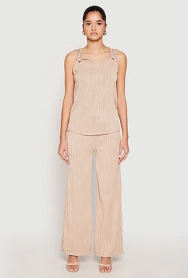 Womens Textured Knit Pull On Wide Leg Pants, Khaki,