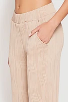 Womens Textured Knit Pull On Wide Leg Pants, Khaki,