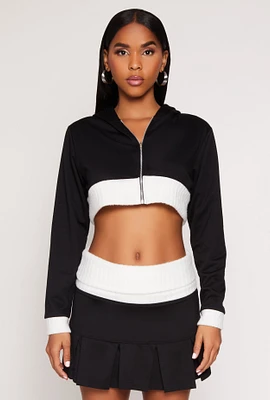 Womens Two Toned Trim Cropped Hooded Sweatshirt,