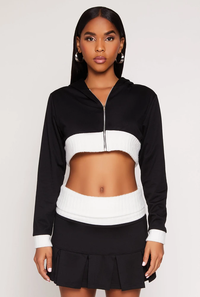 Womens Two Toned Trim Cropped Hooded Sweatshirt,