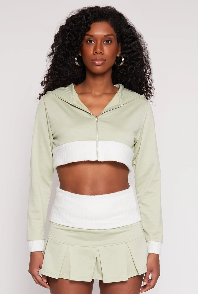 Womens Two Toned Trim Cropped Hooded Sweatshirt, Green, Size L