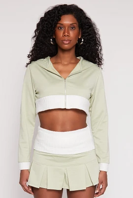 Womens Two Toned Trim Cropped Hooded Sweatshirt, Green, Size L