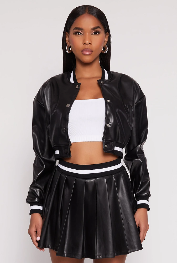Womens Faux Leather Cropped Bomber Jacket, Black,
