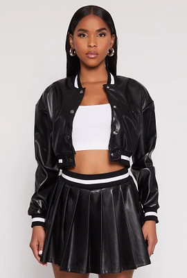 Womens Faux Leather Cropped Bomber Jacket, Black,