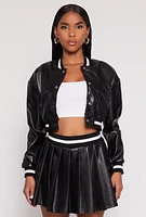 Womens Faux Leather Cropped Bomber Jacket, Black,