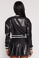 Womens Faux Leather Cropped Bomber Jacket, Black,