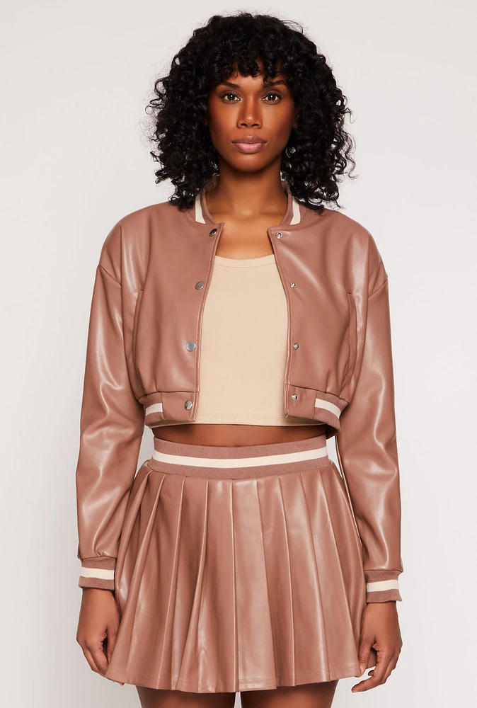 Womens Faux Leather Cropped Bomber Jacket, Brown, Size M
