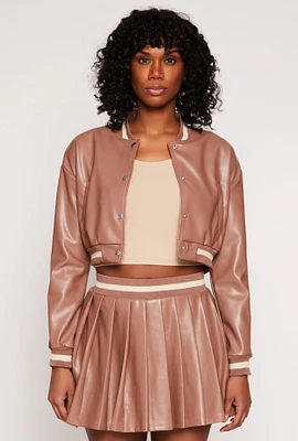 Womens Faux Leather Cropped Bomber Jacket, Brown, Size M