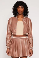 Womens Faux Leather Cropped Bomber Jacket, Brown, Size M